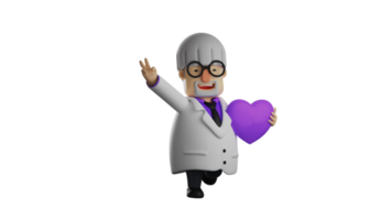 3d illustration. romantique professeur 3d dessin animé personnage. le scientifique porte une violet cœur symbole. le professeur montré une paix signe avec le sien doigt et sourit Heureusement. 3d dessin animé personnage png