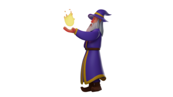 3D illustration. Amazing Wizard 3D cartoon character. The fire witch lit up in one hand. Witch stands and faces sideways. Holy old witch. 3D cartoon character png