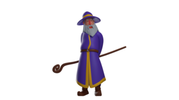 3D illustration. Cute witch 3D cartoon character. The old wizard was carrying his wand behind the body. The witch showed his sweet smile. The witch wears a luxurious purple robe. 3D cartoon character png