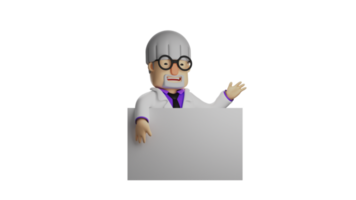 3D illustration. Scientist 3D cartoon character. Friendly scientist is talking to someone. The intelligent scientist carries a large white board with him when testing something. 3D cartoon character png