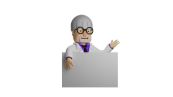 3d ilustração. cientista 3d desenho animado personagem. amigáveis cientista é falando para alguém. a inteligente cientista carrega uma ampla branco borda com ele quando teste algo. 3d desenho animado personagem png