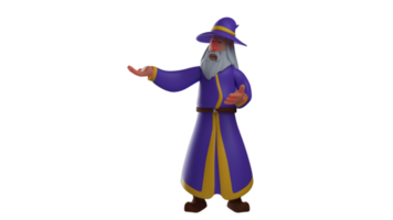 3D illustration. Old Man 3D cartoon character. Old man wear purple robes and wide hats. The old man was asking for an explanation from someone he met. Fierce old witch. 3D cartoon character png