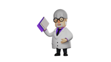 3D illustration. Old doctor 3D cartoon character. The doctor held up the note he was carrying to show someone. The doctor finished carrying out a visit to the patient's room. 3D cartoon character png