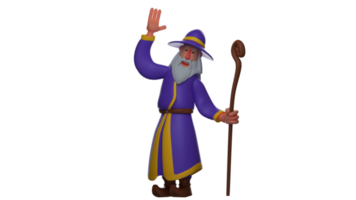 3D illustration. Witch 3D cartoon character. The friendly wizard waved his hand. The old witch carried a wand and showed a sweet smile. 3D cartoon character png