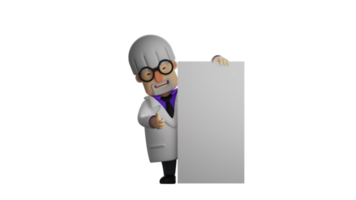 3D illustration. Enchanting Professor 3D cartoon character. The professor stood by the long white paper he was holding. Professor smiled sweetly while giving a thumbs up. 3D cartoon character png