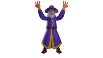 3D illustration. Wizard 3D cartoon character. The old witch raised his hands up. The witch showed his furious expression at something he saw. 3D cartoon character png