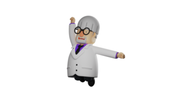 3D illustration. Scientist 3D cartoon character. Scientist wakes up from sleep and stretches hands. Scientist in slightly jumping pose. 3D cartoon character png