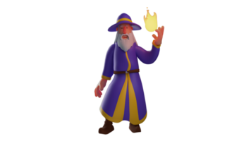 3d Illustration. charmant Magier 3d Karikatur Charakter. Hexe mit ein lodernd Feuer im einer Hand. das alt Magier Wer lächelte süß zeigte seine gut sieht aus. 3d Karikatur Charakter png