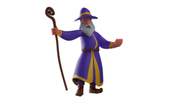 3D illustration. Angry Wizard 3D cartoon character. The witch holds a magic wand and looks like he is holding back his anger. Old witch on revenge. 3D cartoon character png