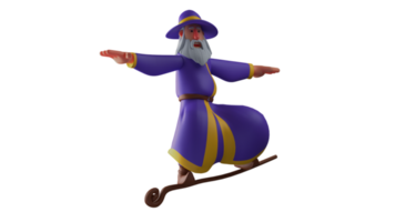 3D illustration. Flying witch 3D cartoon character. The great wizard is flying standing on his magic wand. The old wizard spread his arms out for balance. 3D cartoon character png