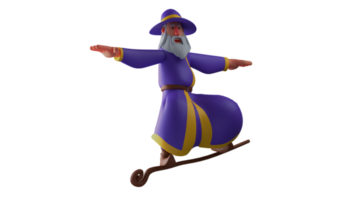 3d illustration. en volant sorcière 3d dessin animé personnage. le génial sorcier est en volant permanent sur le sien la magie baguette magique. le vieux sorcier propager le sien bras en dehors pour équilibre. 3d dessin animé personnage png