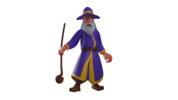 3D illustration. Scary Wizard 3D cartoon character. The witch showing an angry expression. The witch wears a purple robe and points his wooden staff forward. 3D cartoon character png