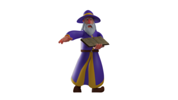 3D illustration. Expert Witch 3D cartoon character. The old wizard was holding a spell book and ready to put it into practice. A great magician who showed his abilities. 3D cartoon character png