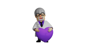 3d illustratie. gelukkig wetenschapper 3d tekenfilm karakter. de wetenschapper draagt een Purper hart symbool. wetenschapper is lachend en gevoel gelukkig. 3d tekenfilm karakter png