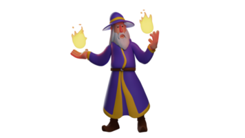 3D illustration. Magical Witch 3D cartoon character. Witch with fire blazing in both hands. A great wizard uses all his abilities to face the enemy. 3D cartoon character png