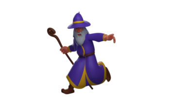 3D illustration. Wizard 3D cartoon character. Agile witch was running around. Witch chased something and pointed towards the front. Wizard ran while carrying her wooden staff. 3D cartoon character png