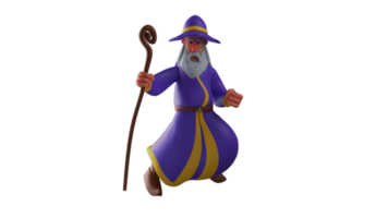 3d illustration. courageux sorcier 3d dessin animé personnage. sorcière dans position et prêt à attaque. un vieux sorcier qui porte le sien violet peignoir et toujours porte une en bois Personnel avec lui. 3d dessin animé personnage png