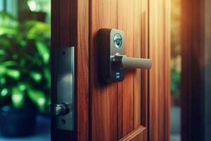 Locking smartlock on the entrance door using a smart phone remotely. Concept of using smart electronic locks with keyless access photo