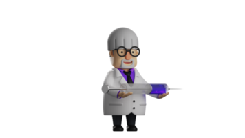 3D illustration. Exemplary Doctor 3D cartoon character. The doctor brought a giant syringe in which there was a purple liquid. The doctor smiled sweetly. 3D cartoon character png