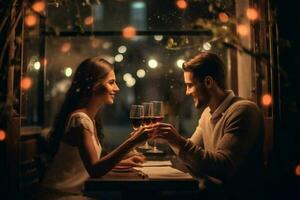 encantador joven Pareja teniendo un cena en el restaurante y Bebiendo rojo vino generativo ai foto