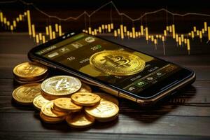 Smartphone with Bitcoin symbol on-screen laying on computer keyboard around Bitcoin piles. Bitcoin gains on popularity concept. Generative AI photo