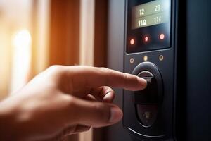 Wood door with smart lock, touch screen keypad and fingerprint, key less access Generative AI photo