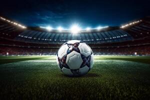 Soccer Ball On Green Field of football stadium for background photo
