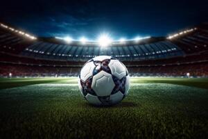 Soccer Ball On Green Field of football stadium for background Generative AI photo