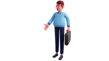 3D Illustration. Office Worker 3D Cartoon Character. Office worker is busy meeting his client. Office worker greeted someone he met. Office worker carry a black suitcase. 3D cartoon character png