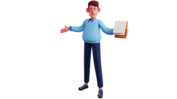 3D Illustration. Intelligent office worker 3D cartoon character. Office worker show the notes he brought to everyone. A handsome man is explaining something about work. 3D cartoon character png