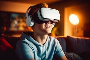 smiling young asian man using virtual reality headset while sitting on couch at home photo