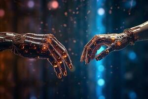 AI, Machine learning, Hands of robot and human touching on big data network connection, Data exchange, deep learning, Science and artificial intelligence technology, innovation Generative AI photo