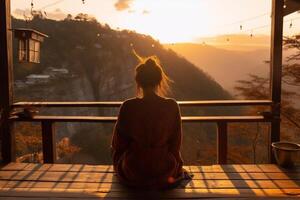 Young woman sitting on the bench looking out to the sea and watching the sunset beach. photo