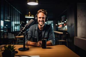 A video blogger records content in his studio. The host of the video blog is a young man who is very enthusiastic about telling his subscribers a story Generative AI photo