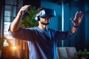 smiling young asian man using virtual reality headset while sitting on couch at home photo