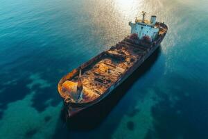 Top view of sinking tanker shot by drone. Inverted tanker wrecked on Black Sea coast of Odessa. Empty tanker leaned to one side and ran aground by during storm with strong wind. Generative AI photo