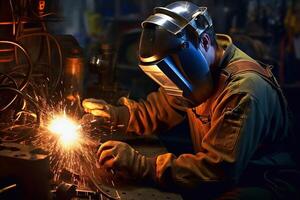 Welder on steel structure in factory photo