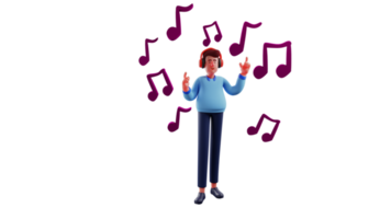 3D illustration. Cool guy 3D cartoon character. Man listening to music using headphones. The man raised his hands while enjoying his favorite song. 3D cartoon character png