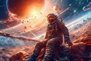 Astronaut walking on an unexplored planet photo