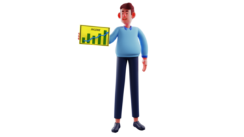 3D illustration. Successful Businessman 3D cartoon character. Businessman showing his income table in front of many people. Man shows the income he has earned from his business. 3D cartoon character png