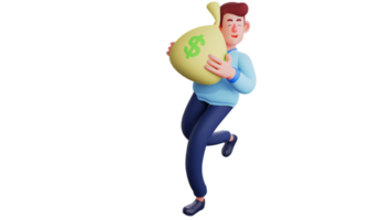 3D illustration. Rich Businessman 3D cartoon character. Businessman running while hugging the sack of money he has. Successful man carrying sack of money to save. 3D cartoon character png