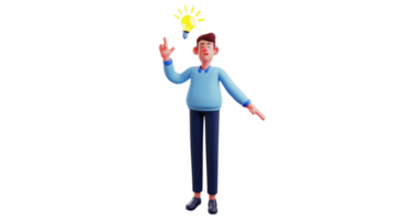 3D illustration. Brilliant Employee 3D cartoon character. An employee came up with a brilliant idea. Smart man with light bulb on beside as new idea symbol. 3D cartoon character png