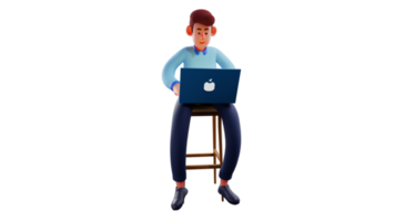 3D illustration. Busy office worker 3D cartoon character. A man is working on something using a laptop. Employee do his tasks happily while showing his sweet smiles. 3D cartoon character png