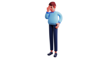 3D illustration. Handsome man 3D cartoon character. The man stood and lowered his head. Office worker tired and holding his head. Boss looks tired thinking about his work. 3D cartoon character png