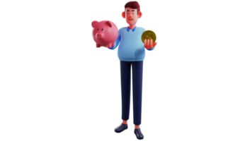 3d Illustration. nett Kerl 3d Karikatur Charakter. ein Süss und hart arbeitend Mann. gut aussehend Mann halten ein Schweinchen Bank und halten ein Gold Münze im einer von seine Hände. 3d Karikatur Charakter png