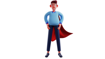 3D illustration. Unique Youth 3D cartoon character. Handsome young man put his hands on his waist. Young man is playing superhero and wearing red cloth on his back. 3D cartoon character png