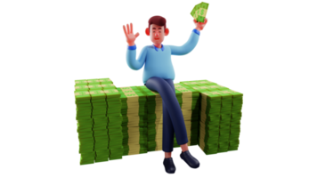 3D illustration. Businessman 3D cartoon character. Wealthy businessman leaning on pile of money. Businessman holding a lot of money. Successful man with a lot of money. 3D cartoon character png