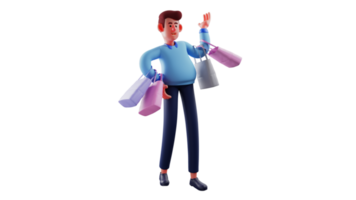 3d illustration. marrant homme 3d dessin animé personnage. Jeune homme est porter beaucoup Sacs de épiceries. Beau Jeune homme regards marrant avec le sien étrange comportement. 3d dessin animé personnage png