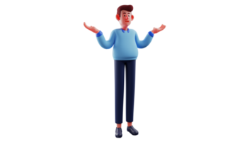 3D illustration. Confused businessman 3D cartoon character. The businessman raised both his hands and made a confused gesture. Young businessman asking something. 3D cartoon character png