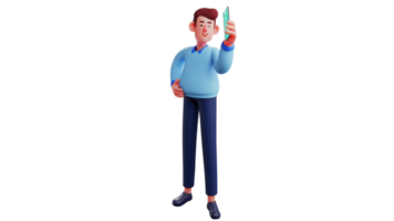 3D illustration. Young Businessman 3D cartoon character. Businessman holding a glowing cell phone. Young man wants to contact someone. Entrepreneur wants to contact his client. 3D cartoon character png